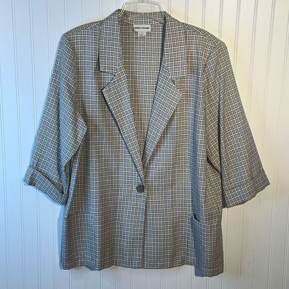 Vintage Alice Stuart One Button Blazer Jacket Women's size X-Large Tan Check - Picture 1 of 12